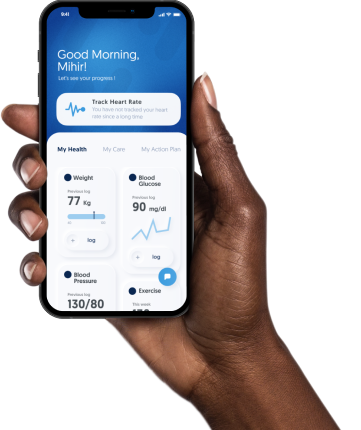 A hand holding a smartphone displaying the healthUp app home screen with Vital Input fields and smart insights displayed to the customer.